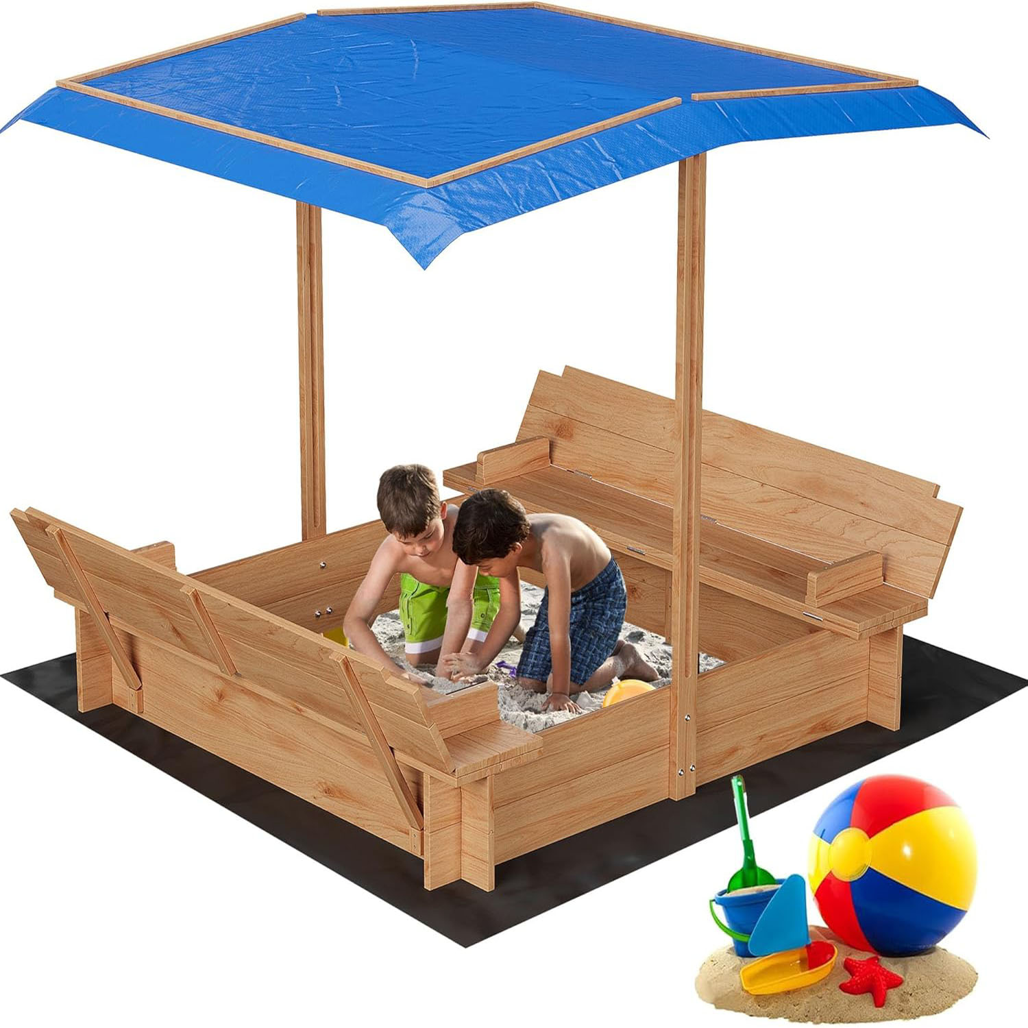 Studyset Sandbox with Cover Kids Sandbox with Lid Outdoor Sand Box for Kids Ages 4-8 Sandboxes with 2 Bench Seats Bottom Liner Adjustable Height \u0026 Rotatable Canopy Kids Sand Pit for Garden Backyard 47